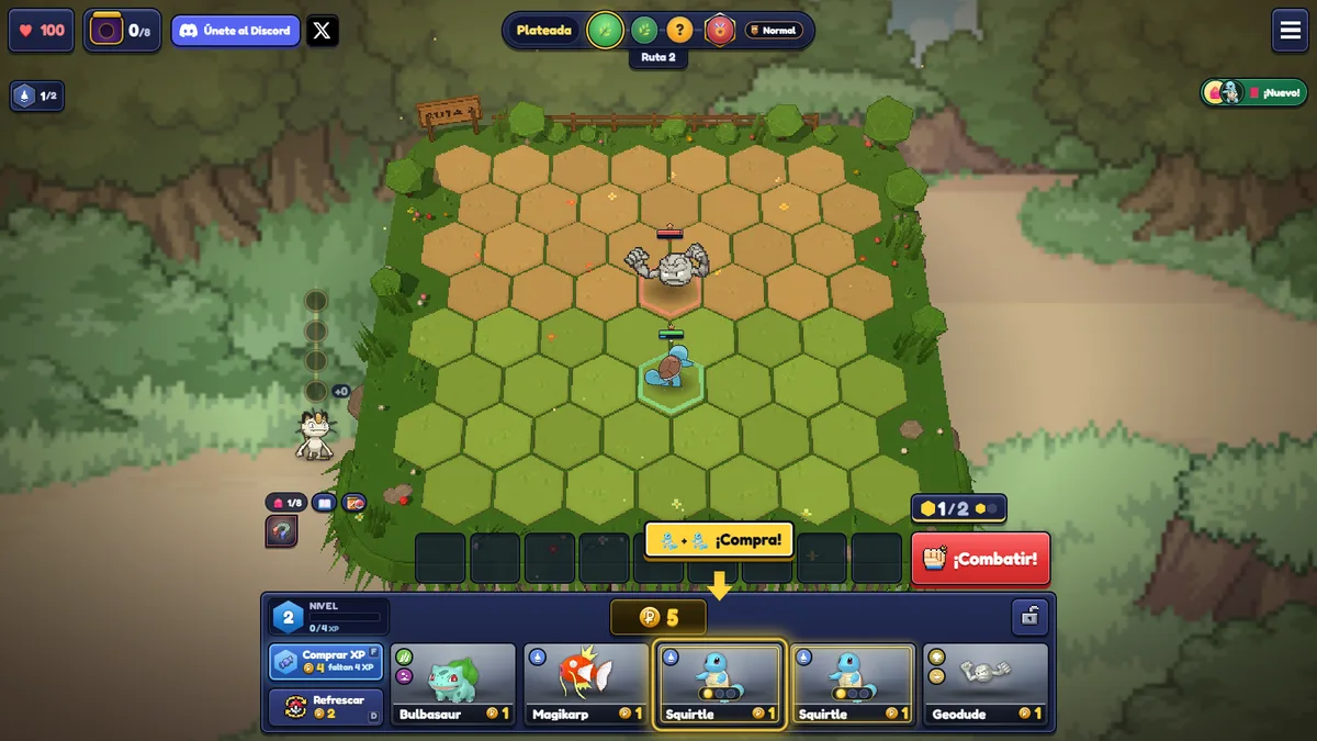 First round of Kanto Tactics with Squirtle on the board and five Pokémon in the shop