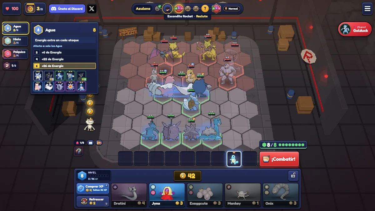 Kanto Tactics synergy panel with the Water type details open