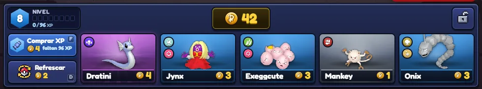 The Kanto Tactics shop: level, buy experience, refresh and five cards with their price